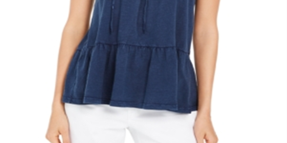 Blusa camponesa sem mangas de algodão estilo &amp; co feminina, azul, tamanho pequeno