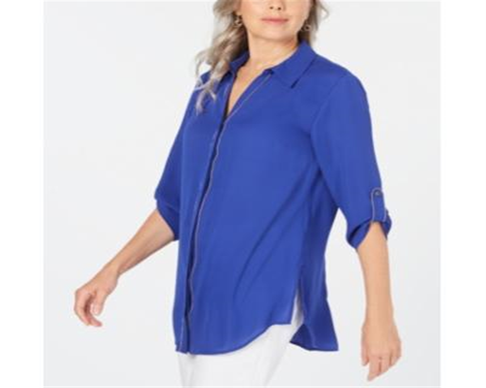 Camisa utilitária feminina JM Collection com detalhes em azul, tamanho pequeno GG