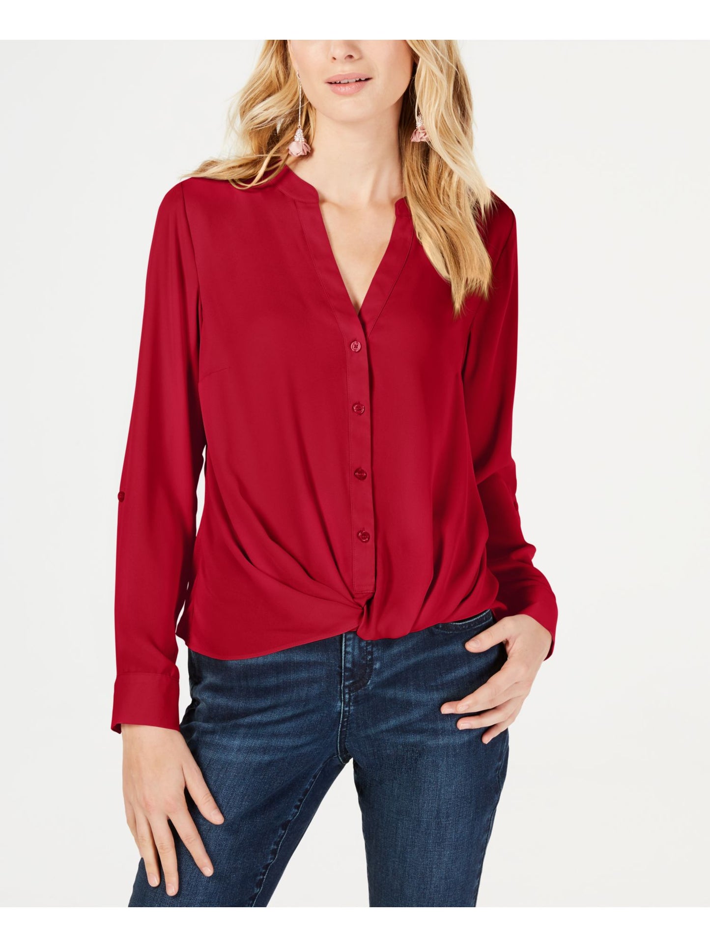 INC International Concepts Feminino Novo Tie V Neck Manga Longa Botão Up Casual Top Vermelho Tamanho Pequeno Pequeno