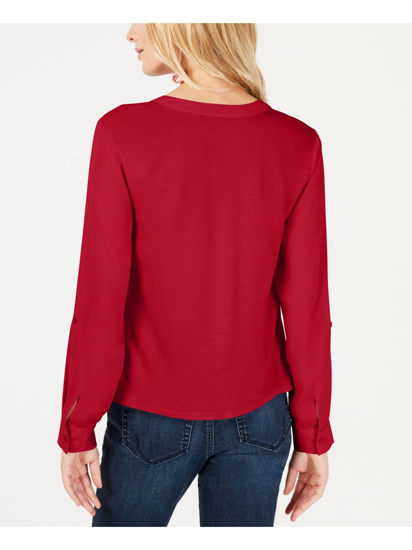 INC International Concepts Feminino Novo Tie V Neck Manga Longa Botão Up Casual Top Vermelho Tamanho Pequeno Pequeno