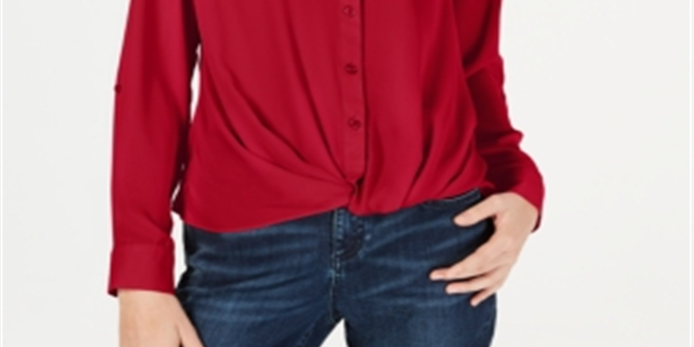 INC International Concepts Feminino Novo Tie V Neck Manga Longa Botão Up Casual Top Vermelho Tamanho Pequeno Pequeno