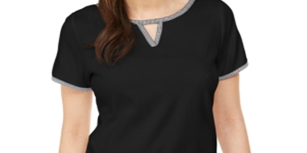 Camiseta feminina Karen Scott xadrez com acabamento em buraco de fechadura, preta, tamanho grande