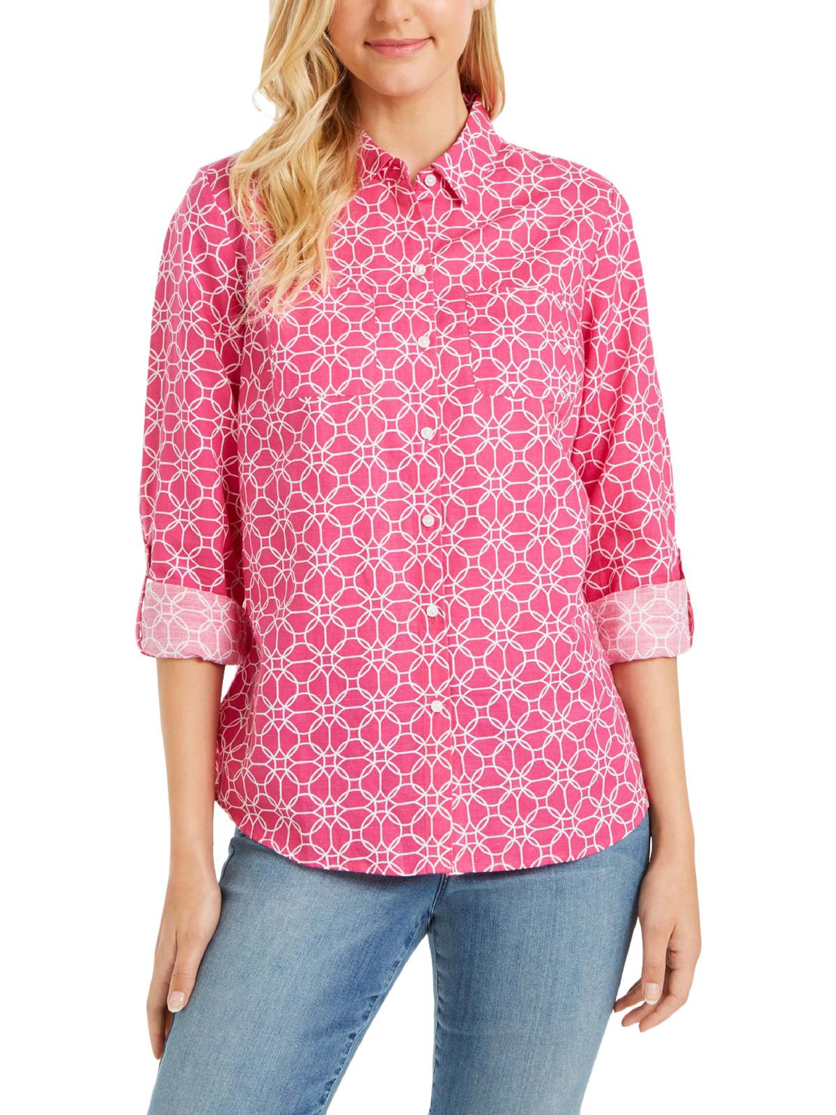 Blusa feminina Charter Club de linho com gola e botões, rosa, tamanho médio