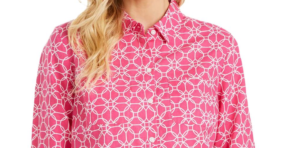 Blusa feminina Charter Club de linho com gola e botões, rosa, tamanho médio