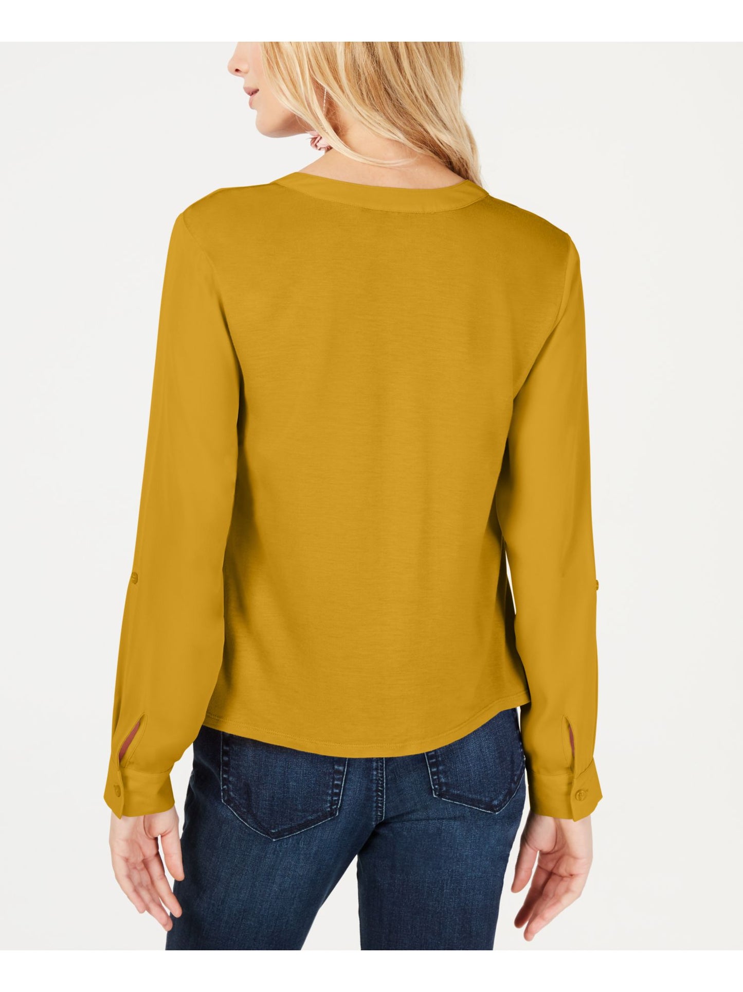 INC International Concepts Top feminino liso com punho e decote em V e botões, amarelo, tamanho pequeno