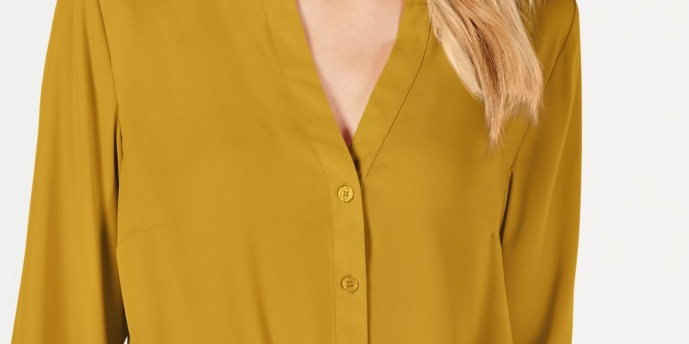 INC International Concepts Top feminino liso com punho e decote em V e botões, amarelo, tamanho pequeno