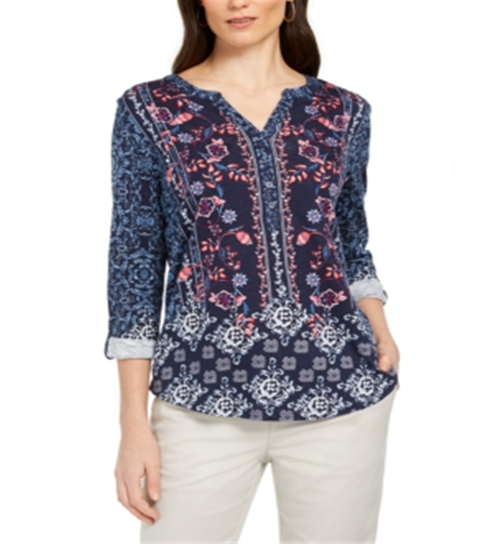 Blusa de malha texturizada estampada feminina Style &amp; Co, azul, tamanho médio