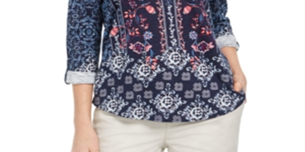 Blusa de malha texturizada estampada feminina Style &amp; Co, azul, tamanho médio