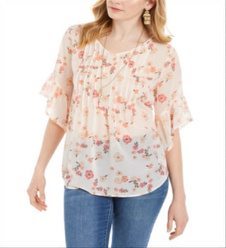 Style & Co Women's Sheer Pintuck Floral Print Blouse Pink Size XS