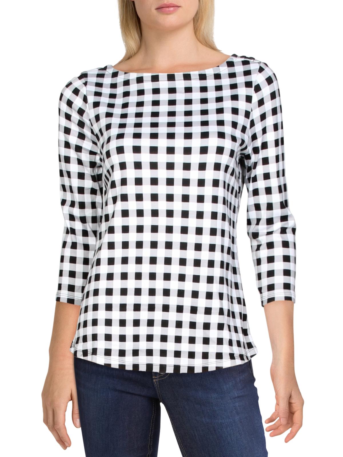 Charter Club Blusa feminina de algodão com estampa xadrez e gola canoa, preta, tamanho médio
