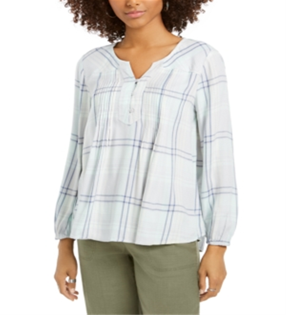 Blusa xadrez feminina estilo &amp; co, gola dividida, tamanho menta, médio