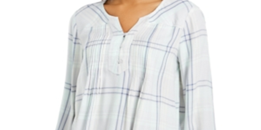 Blusa xadrez feminina estilo &amp; co, gola dividida, tamanho menta, médio