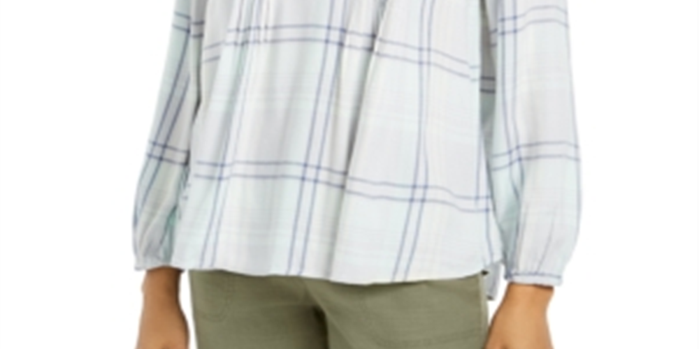 Blusa xadrez feminina estilo &amp; co, gola dividida, tamanho menta, médio