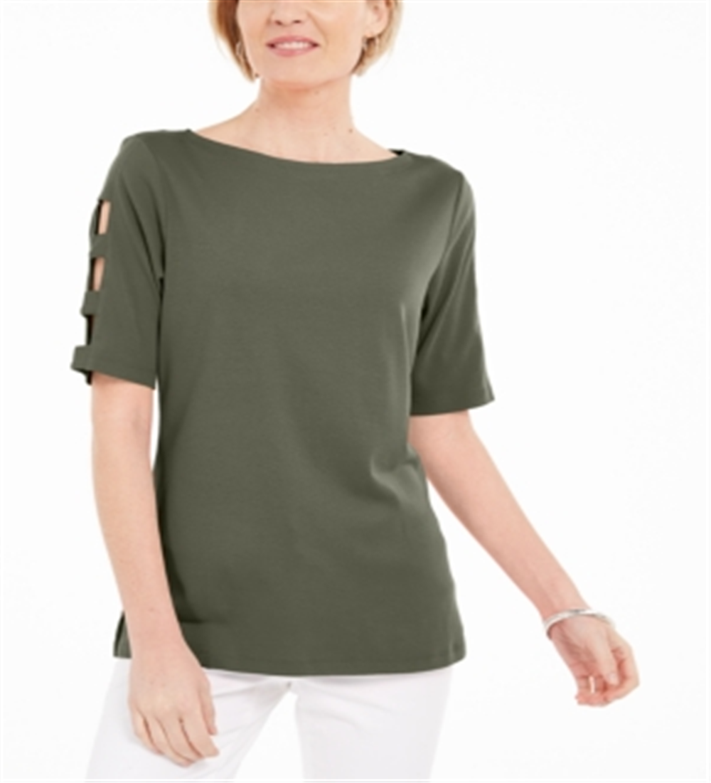 Blusa feminina Karen Scott de algodão com mangas recortadas, verde, tamanho pequeno