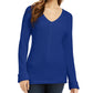 Camiseta feminina texturizada, lisa, manga comprida, gola V, azul, tamanho XX-G