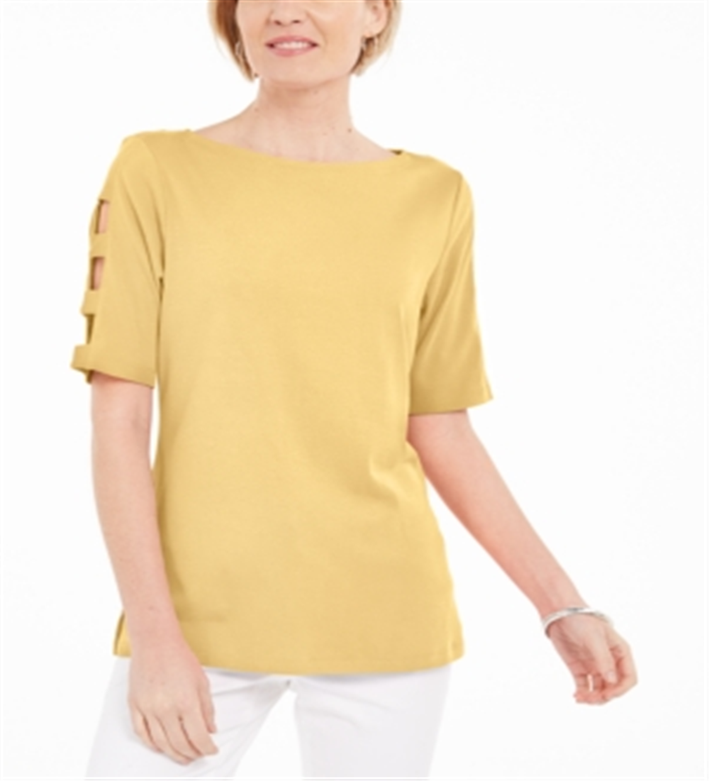 Blusa feminina Karen Scott de algodão com mangas recortadas, amarela, tamanho médio