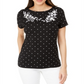 Karen Scott Blusa feminina de algodão com estampa e bordado, gola canoa, preta, tamanho médio