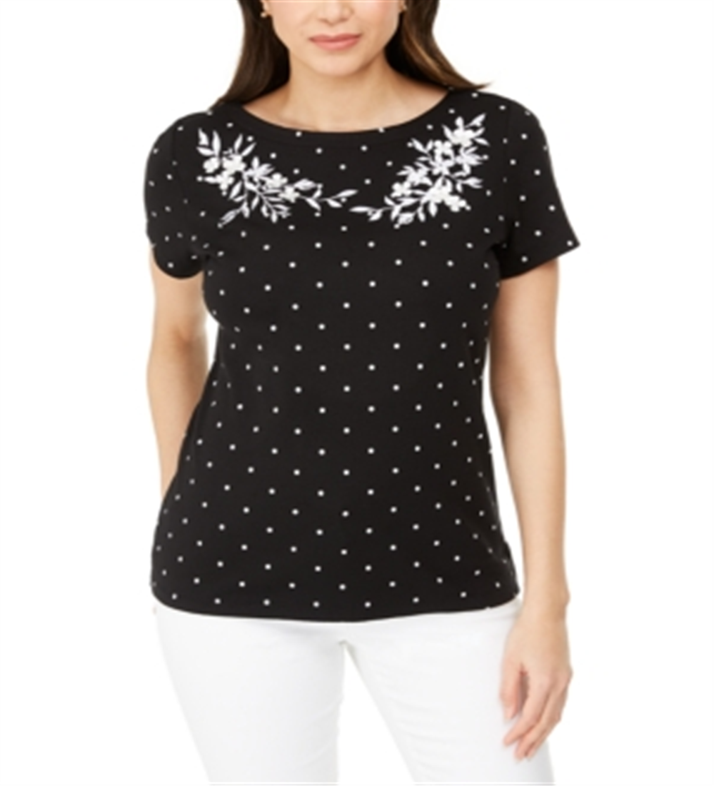 Karen Scott Blusa feminina de algodão com estampa e bordado, gola canoa, preta, tamanho médio