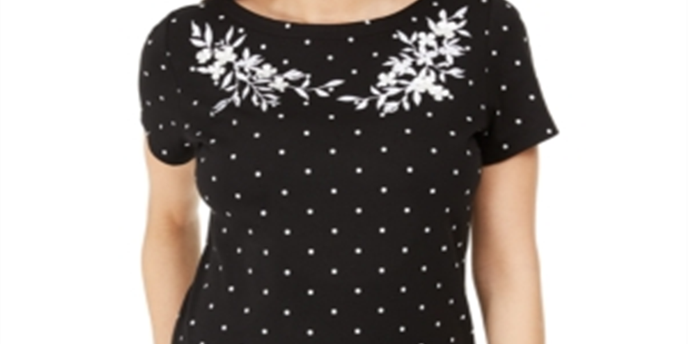 Karen Scott Blusa feminina de algodão com estampa e bordado, gola canoa, preta, tamanho médio