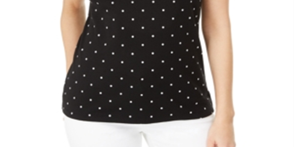 Karen Scott Blusa feminina de algodão com estampa e bordado, gola canoa, preta, tamanho médio