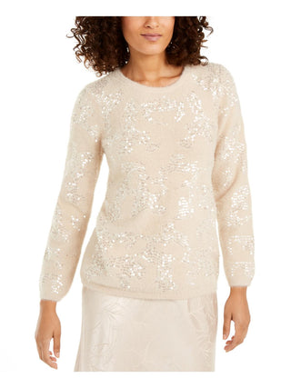 Suéter feminino Alfani com lantejoulas e gola redonda, marrom, tamanho médio