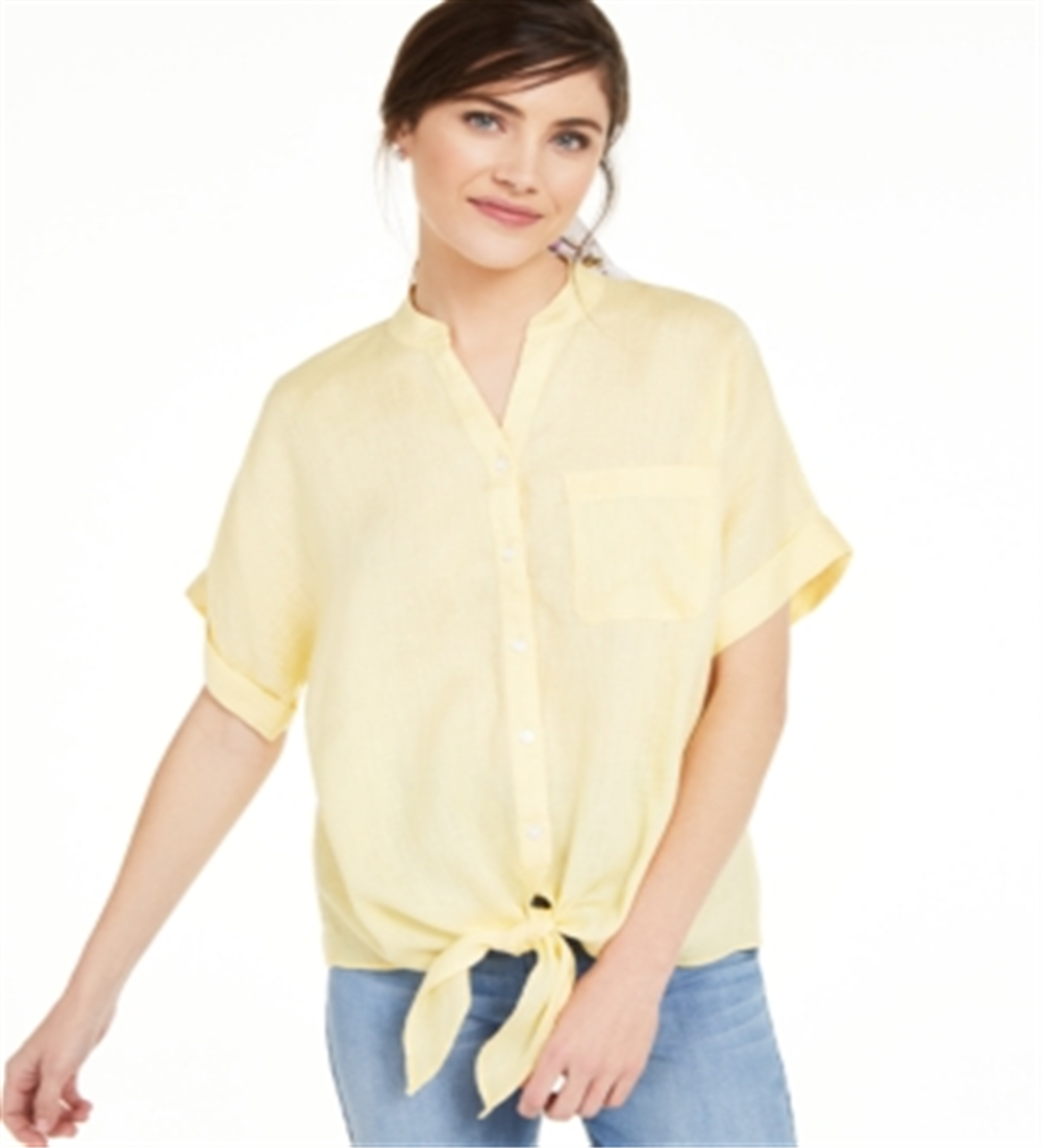 Camisa feminina Charter Club de linho com botões frontais e amarração, tamanho extragrande, amarela
