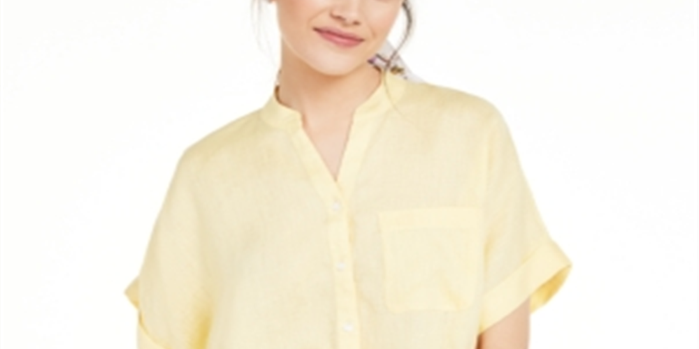 Camisa feminina Charter Club de linho com botões frontais e amarração, tamanho extragrande, amarela