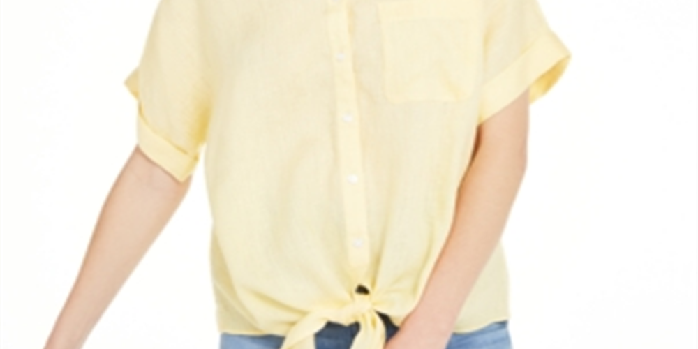 Camisa feminina Charter Club de linho com botões frontais e amarração, tamanho extragrande, amarela
