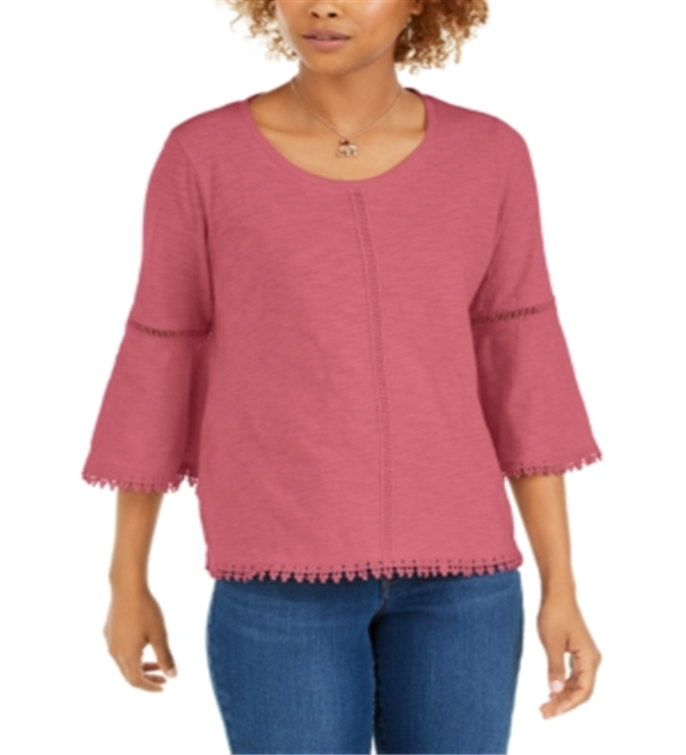 Blusa feminina estilo &amp; co com acabamento em crochê e manga sino, tamanho pequeno, rosa