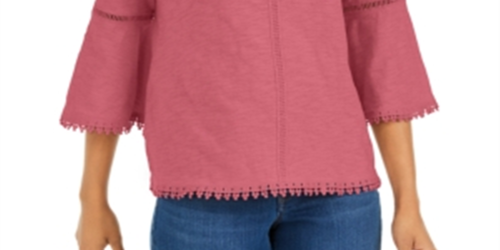 Blusa feminina estilo &amp; co com acabamento em crochê e manga sino, tamanho pequeno, rosa