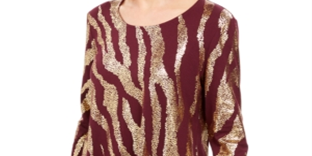 JM Collection Blusa Feminina Estampada Metálica Roxa Tamanho Pequeno Médio