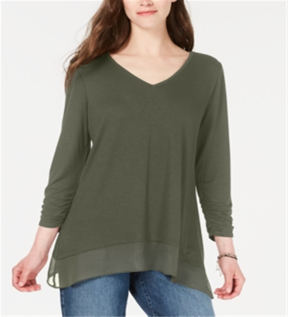 Top feminino estilo &amp; co com decote em V e bainha de chiffon, verde, tamanho pequeno