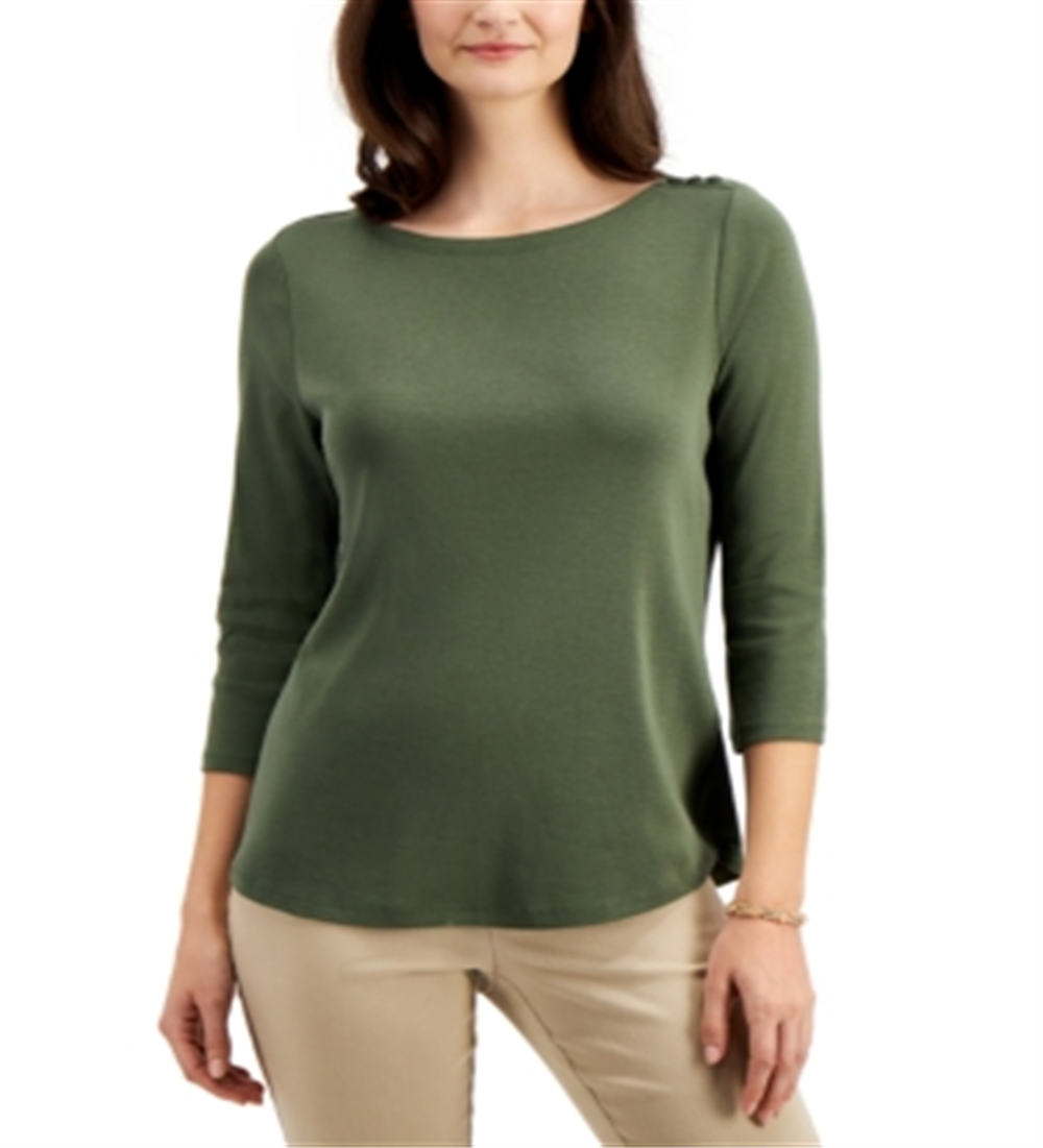 Charter Club Blusa feminina de algodão Pima com decote canoa e botões e ombro a ombro, verde, tamanho pequeno