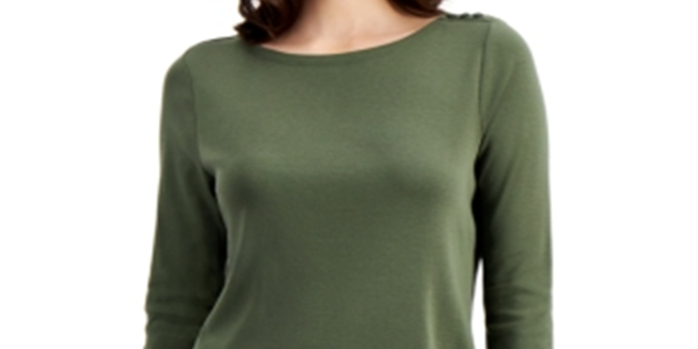 Charter Club Blusa feminina de algodão Pima com decote canoa e botões e ombro a ombro, verde, tamanho pequeno