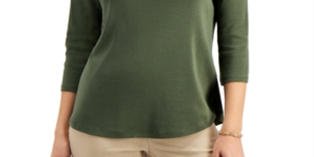 Charter Club Blusa feminina de algodão Pima com decote canoa e botões e ombro a ombro, verde, tamanho pequeno