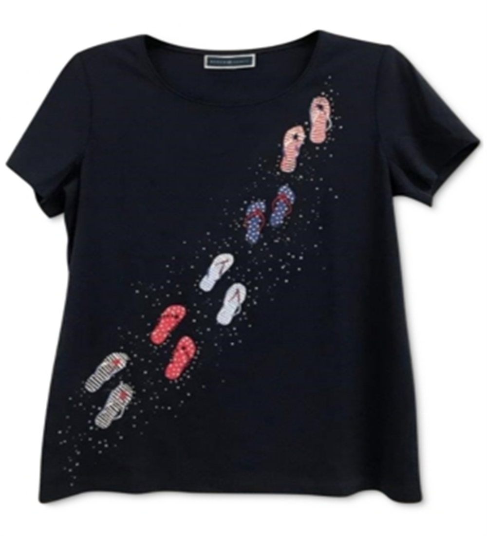 Camiseta feminina Karen Scott com decote redondo, azul, tamanho médio