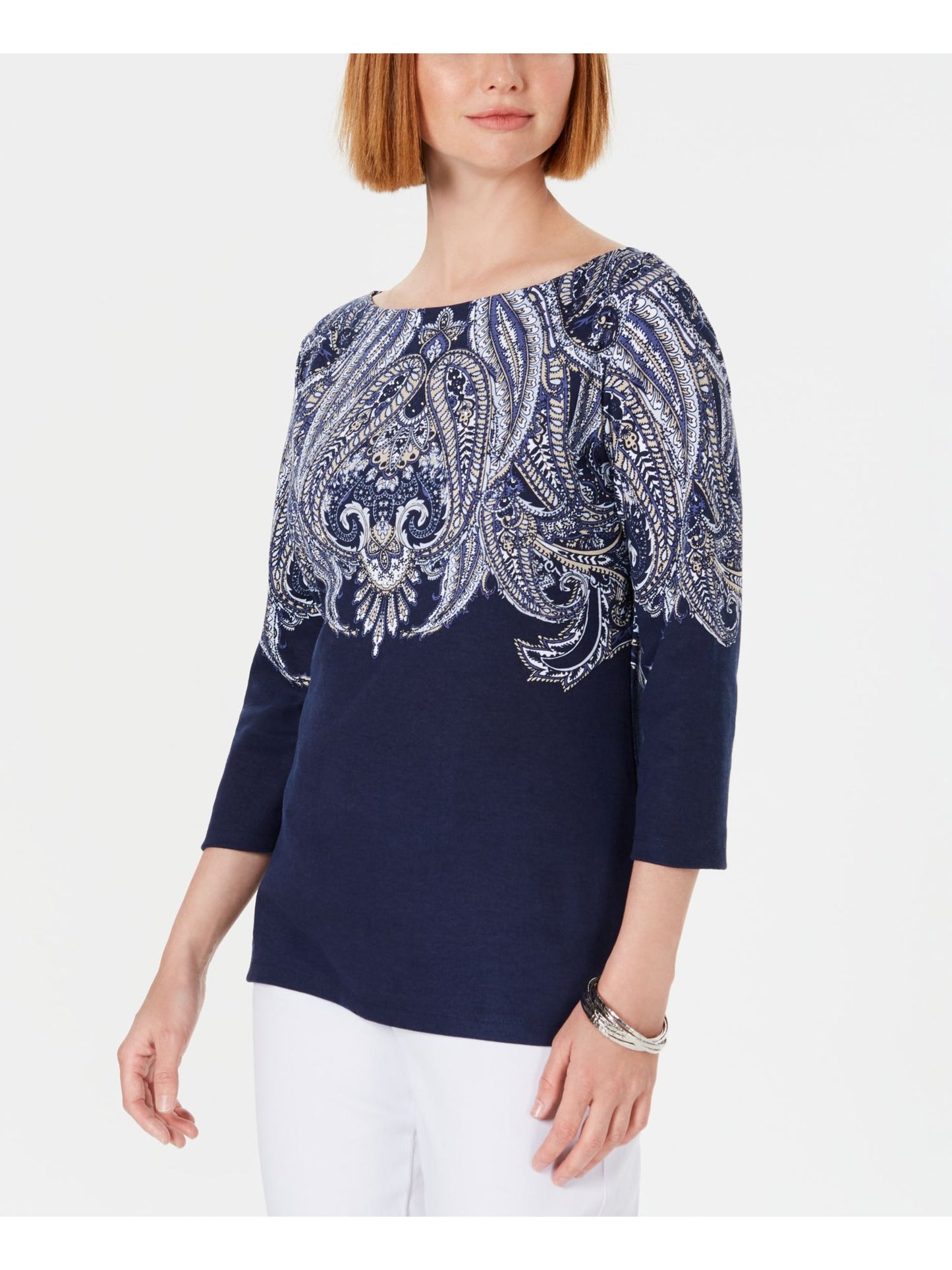 Karen Scott Blusa Feminina Lile Paisley Gola Canoa Azul Tamanho Médio