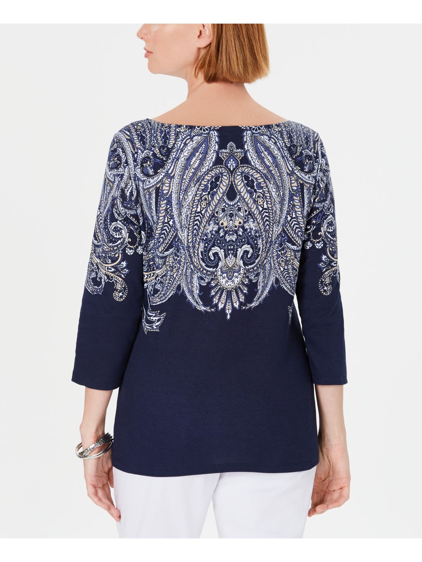 Karen Scott Blusa Feminina Lile Paisley Gola Canoa Azul Tamanho Médio