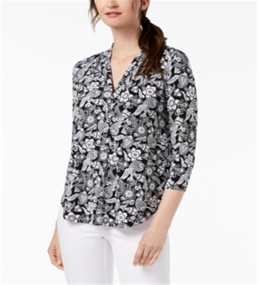 Top feminino com decote em V floral Charter Club, preto, tamanho extrapequeno