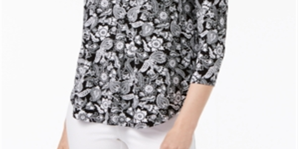Top feminino com decote em V floral Charter Club, preto, tamanho extrapequeno