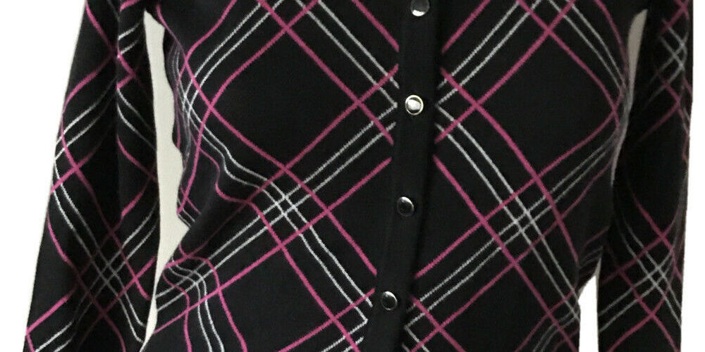 Cardigan xadrez feminino Charter Club, preto, tamanho médio