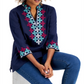 Camiseta feminina Charter Club de algodão bordada com manga 3/4, azul, tamanho pequeno