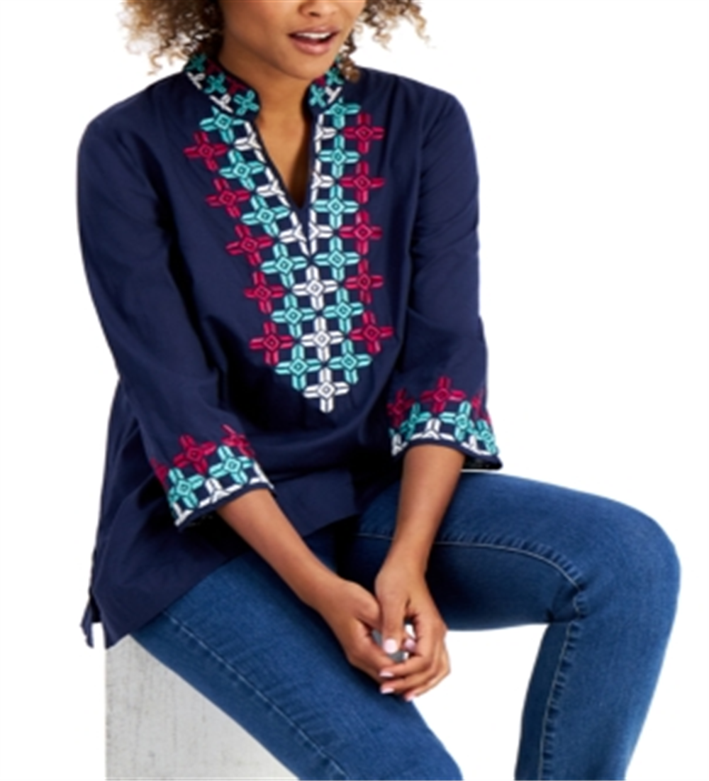 Camiseta feminina Charter Club de algodão bordada com manga 3/4, azul, tamanho pequeno