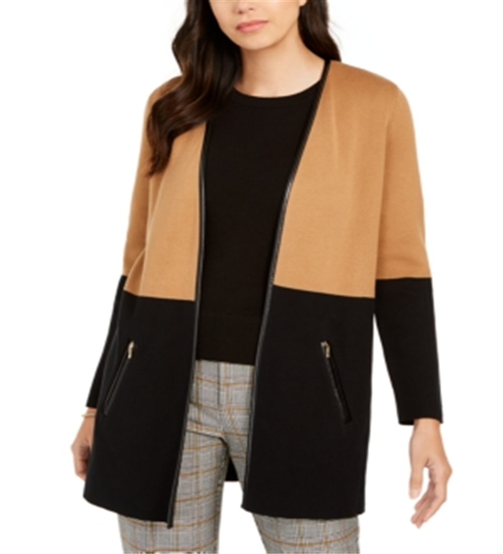 Cardigan feminino Charter Club com acabamento em couro sintético e blocos de cores, marrom, tamanho pequeno e pequeno