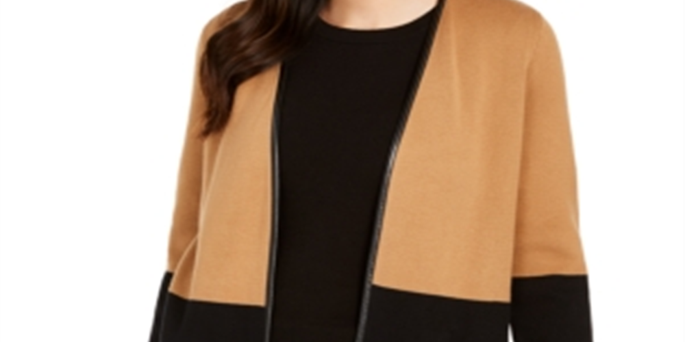 Cardigan feminino Charter Club com acabamento em couro sintético e blocos de cores, marrom, tamanho pequeno e pequeno