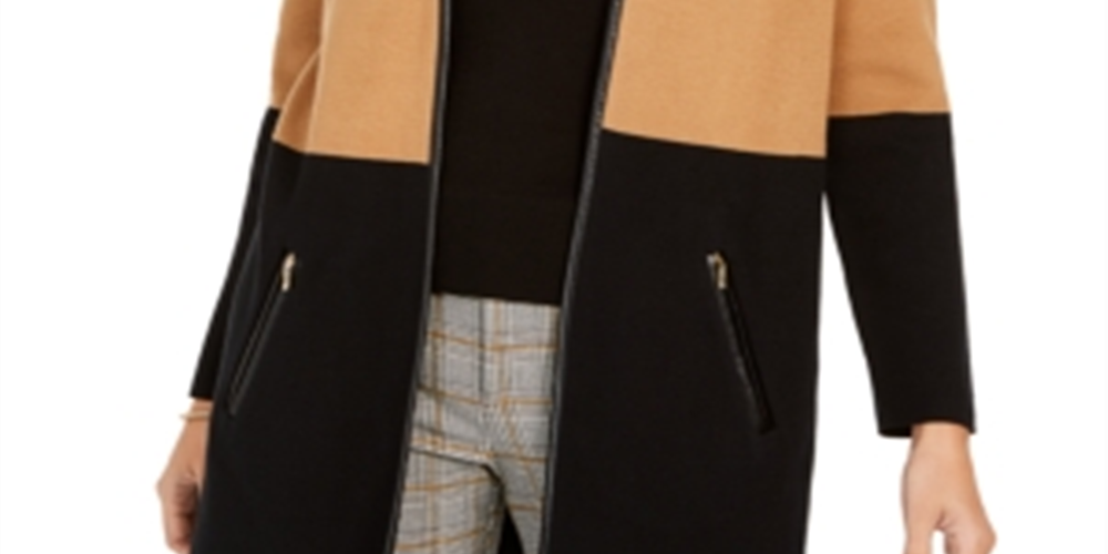 Cardigan feminino Charter Club com acabamento em couro sintético e blocos de cores, marrom, tamanho pequeno e pequeno