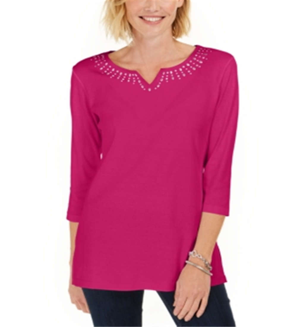 Karen Scott Top Feminino de Algodão com Tachas e Gola Dividida Rosa Tamanho XS