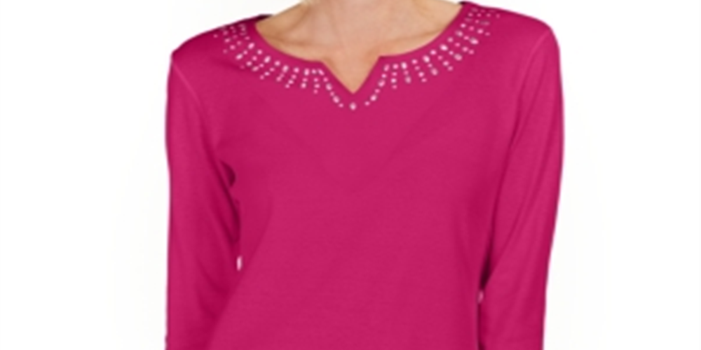 Karen Scott Top Feminino de Algodão com Tachas e Gola Dividida Rosa Tamanho XS