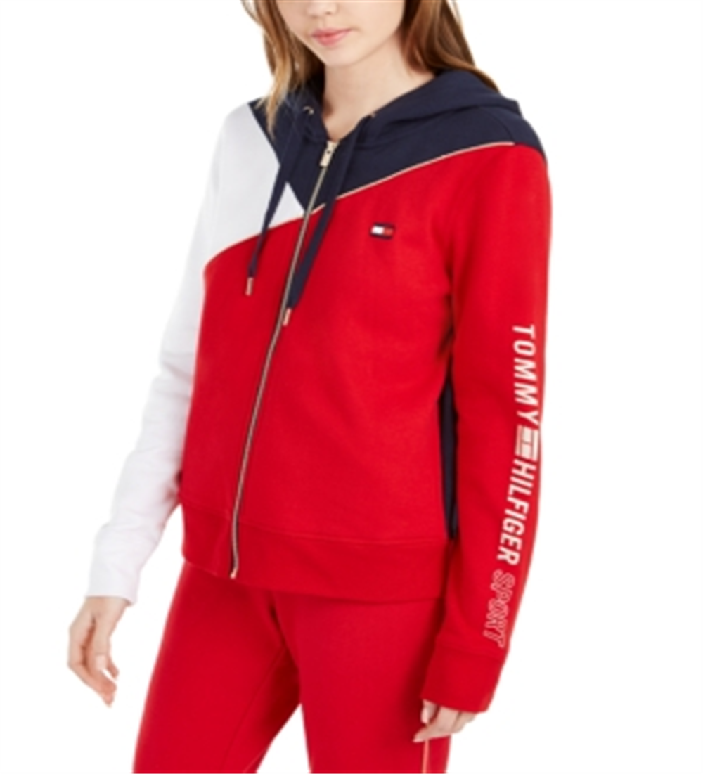 Tommy Hilfiger Sport Colorblocked Moletom com capuz e zíper feminino vermelho tamanho médio