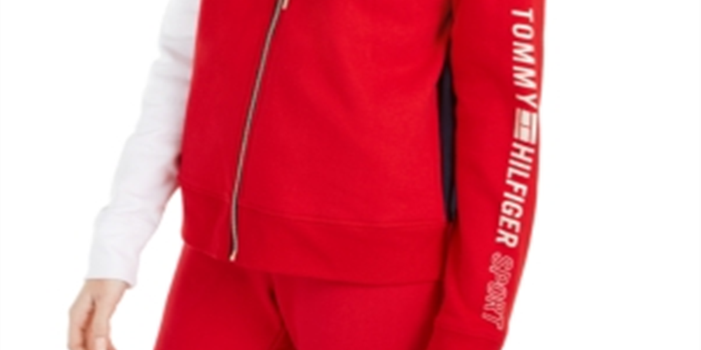 Tommy Hilfiger Sport Colorblocked Moletom com capuz e zíper feminino vermelho tamanho médio
